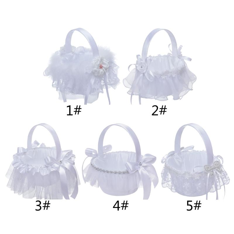 Romantic Petals Storage Satin Flower Girl Basket Bowknots Decor White for Wedding Ceremony Party Decorations 5 Style