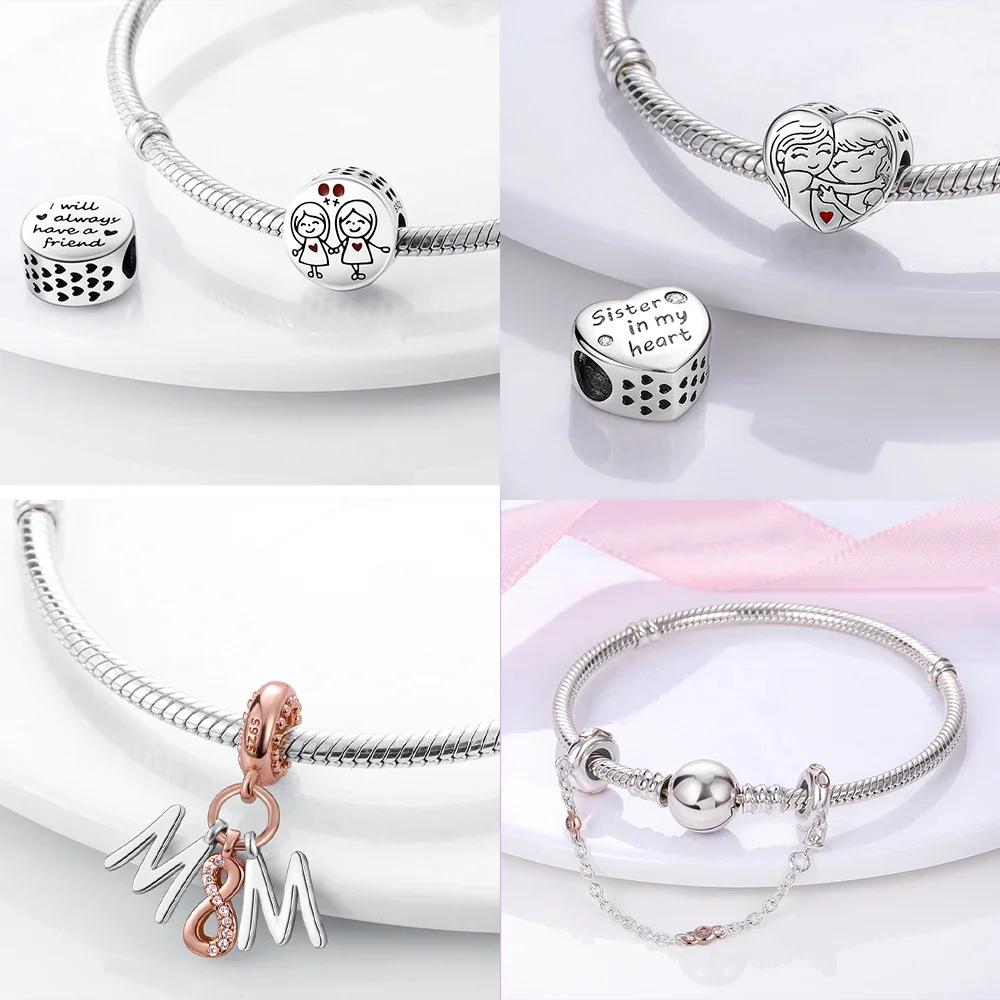 Pink Family Love Heart Charm Original Copper Beads Fit Pan Bracelet Diy Sister Mother Friendship Pendant Fine Gift Jewelry