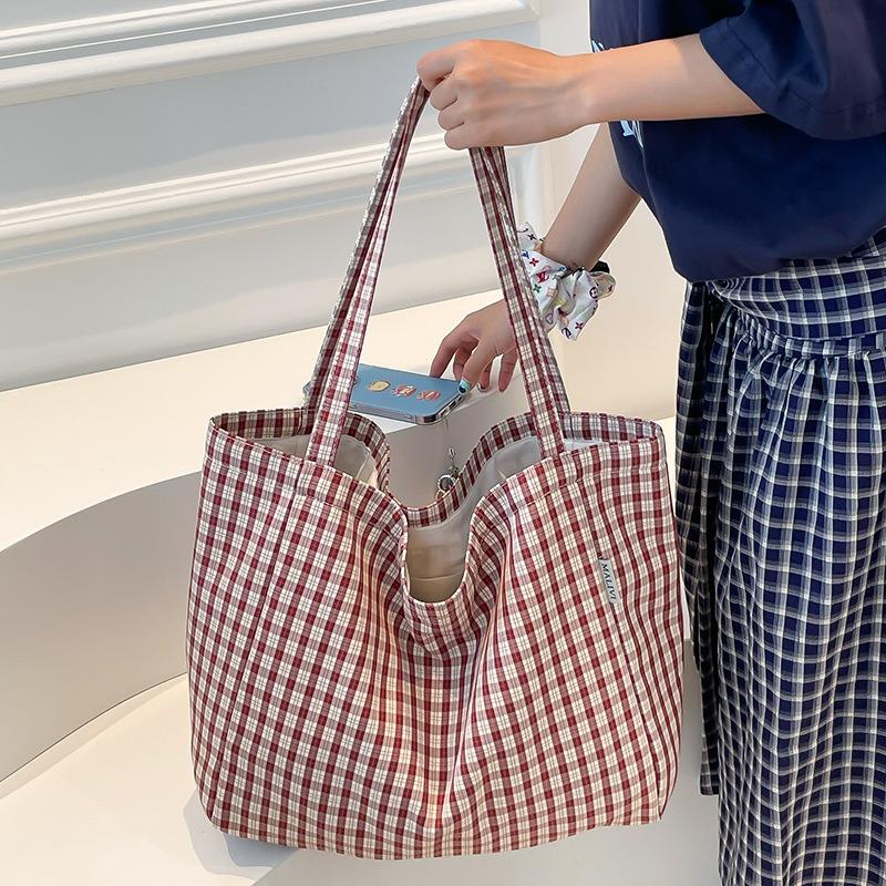 Large Capacity Plaid Canvas Tote Bag Summer Fashion Literary Lazy Shoulder Shopping Bag