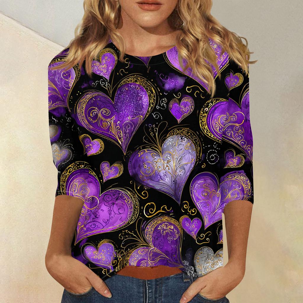 Women's Fashionable Casual Three,quarter Sleeve Heart,shaped Printed Round,neck Top