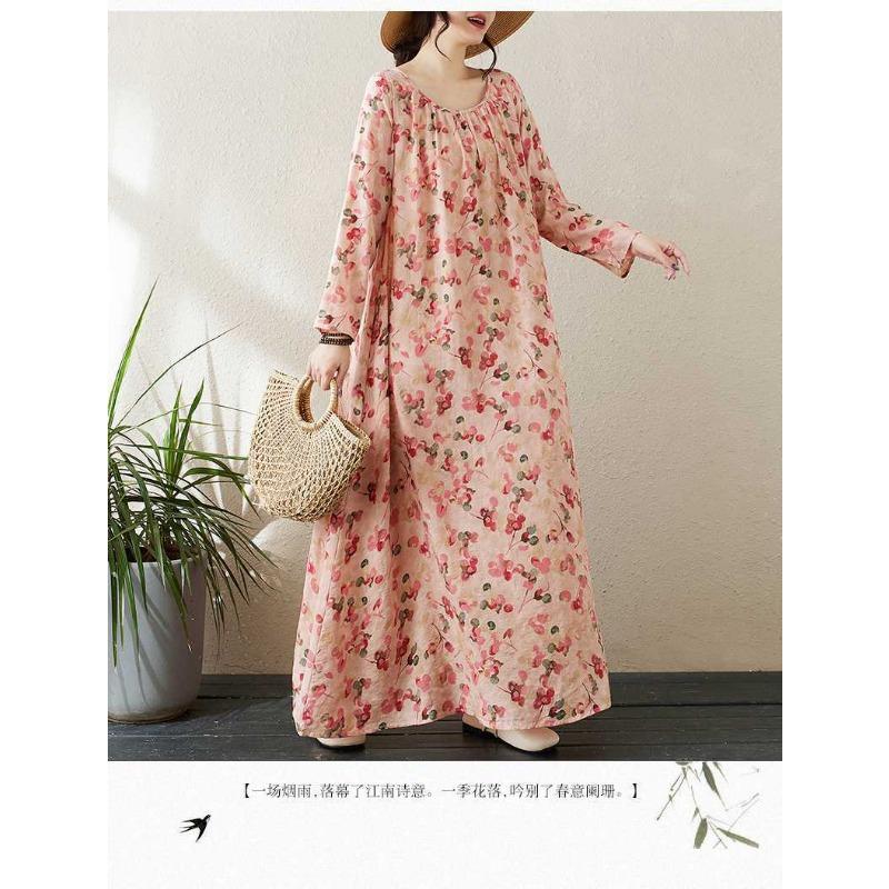 Round Neck Drawstring Loose Minimalist Long Sleeve Extra Long Dress Resort Style