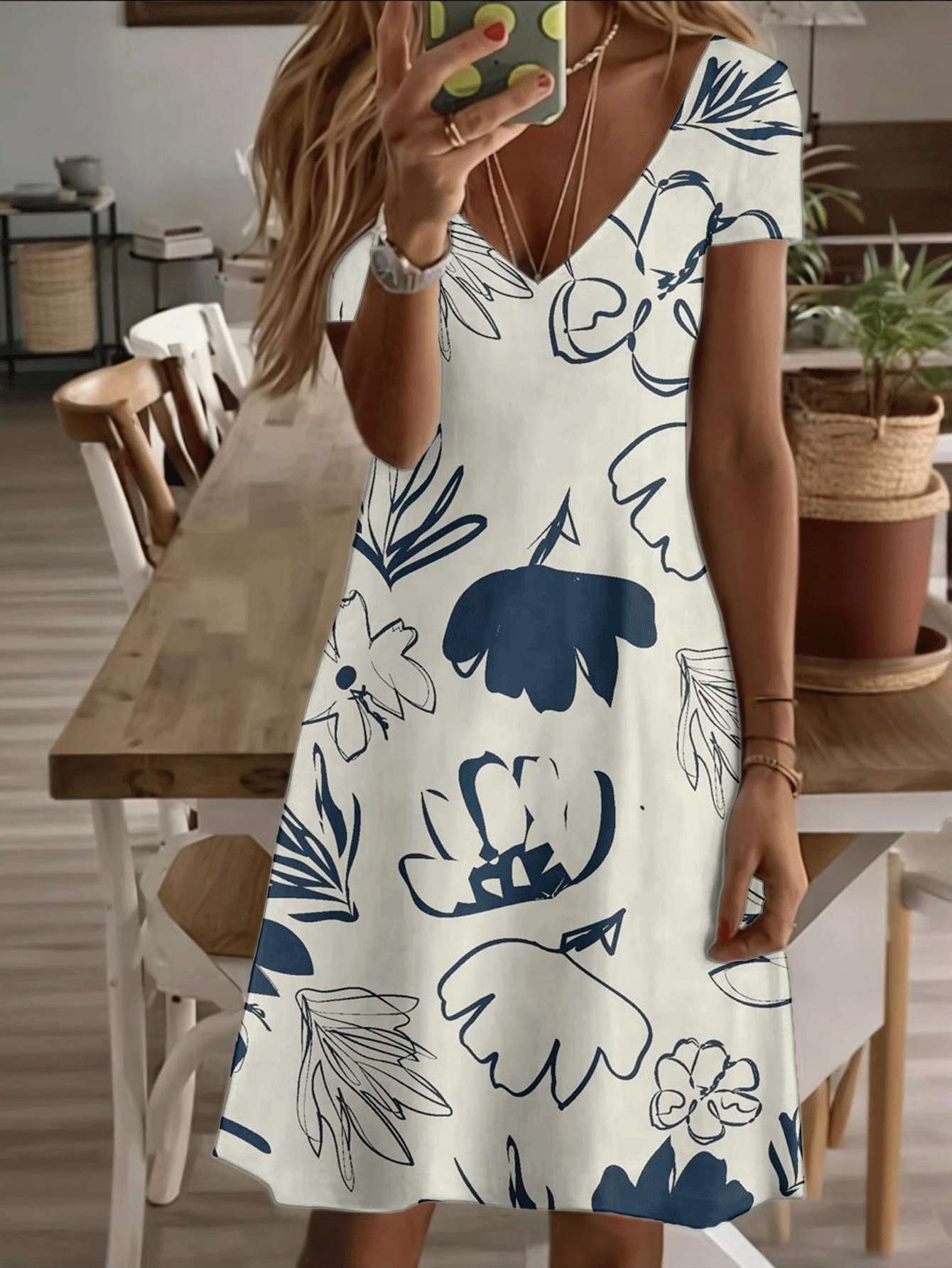 

Vneck shortsleeve midi dress navy abstract floral print 3D highquality printing durable fabric casual and stylish summer fashion for women elegant XL дубильная кора