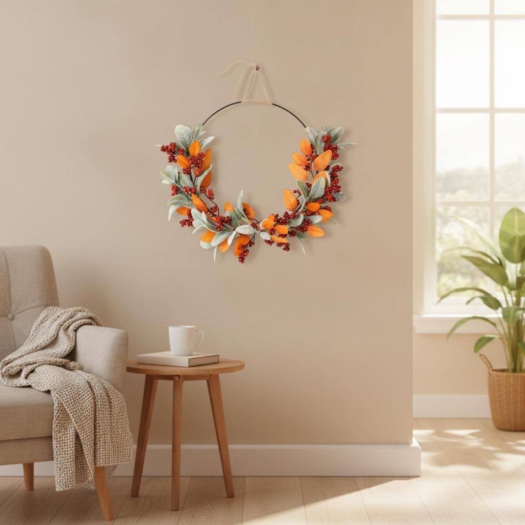 Half Wreath Artificial with Metal Hoop Hanging Wall Decor for Front Doors, Thanksgiving,