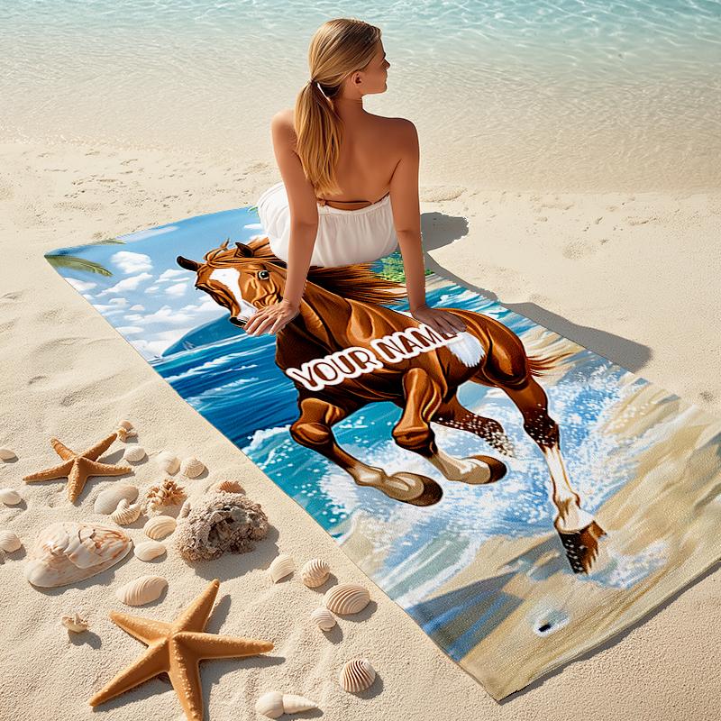 1PC Custom Name Horse Beach Beach Towel Highly Absorbent And Sand-Resistant Towel for Swimming, Pool, Yoga, And Travel Lightweight