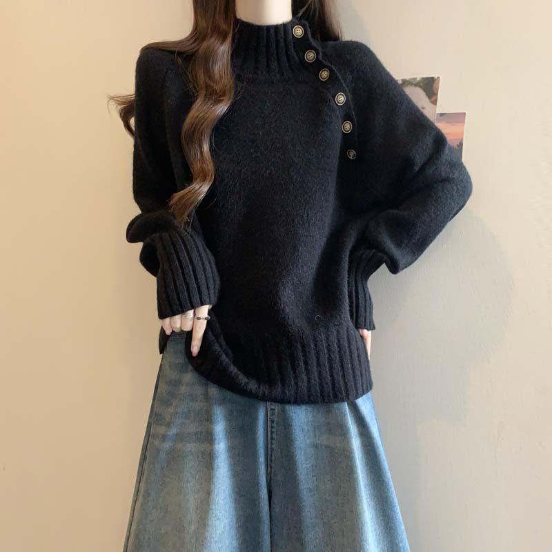 Japanese and Korean Autumn and Winter Minimalist Korean Style Half-high Neck Knit Sweater Women's Plus Size Versatile Casual Top Outerwear
