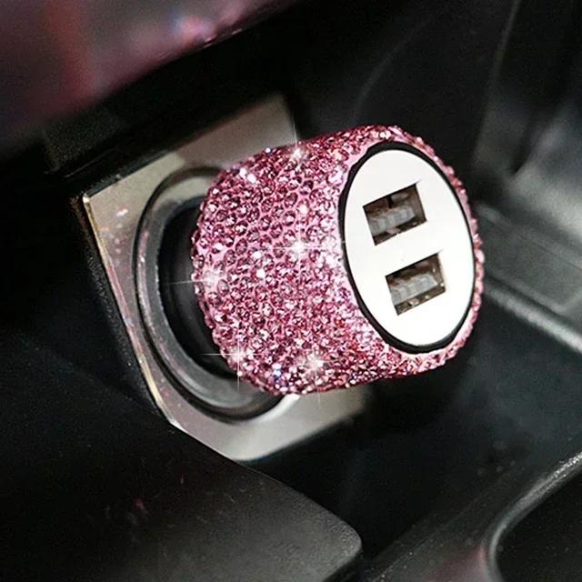 

Dual USB Car Charger Bling Bling Handmade Rhinestones Crystal Decorations for Fast Charging Car Decors for IPhoneSamsung Amagi