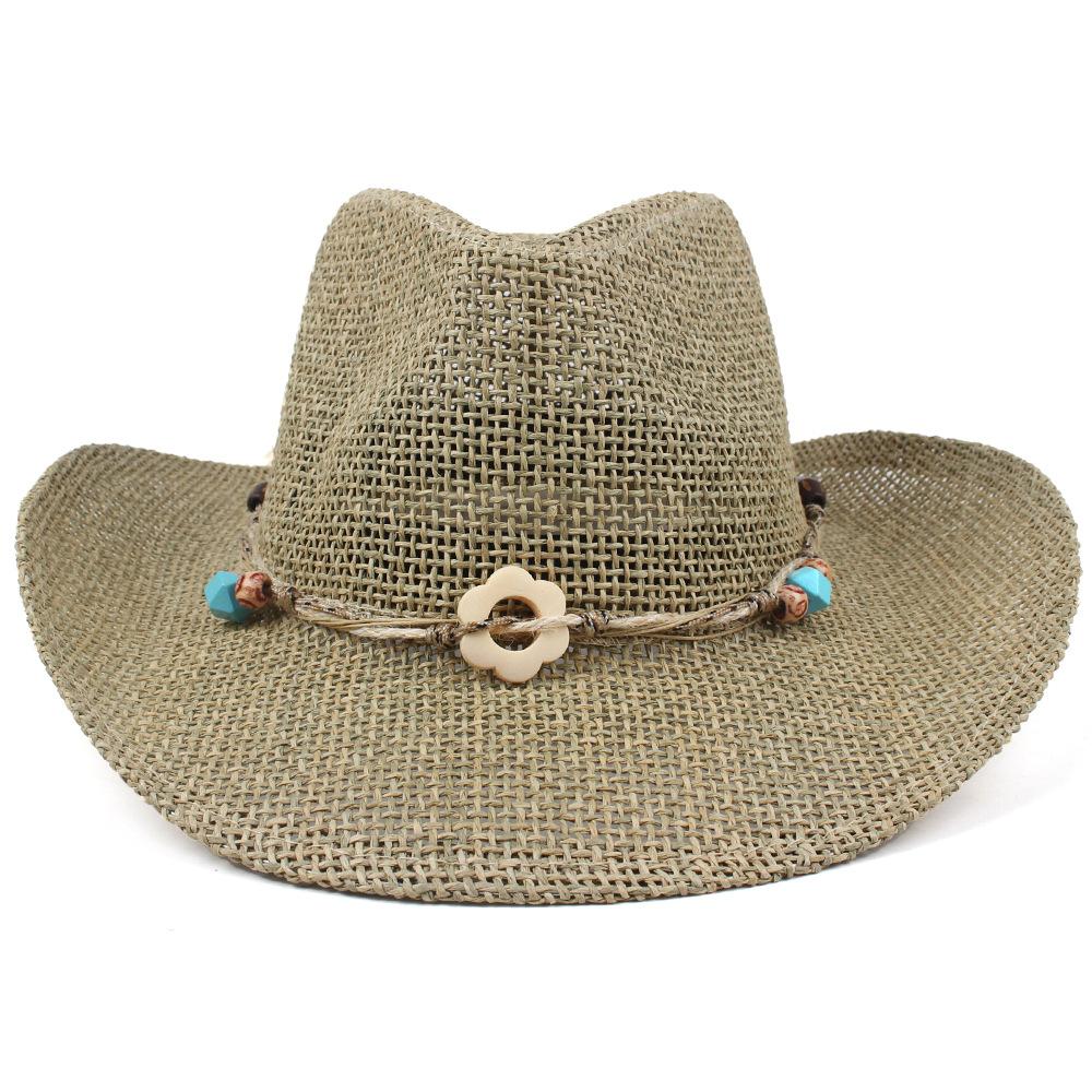 Handmade Hollow Woven Straw Hat, Spring Summer Breathable Outdoor Sun Protection Western Cowboy Curved Brim Cap