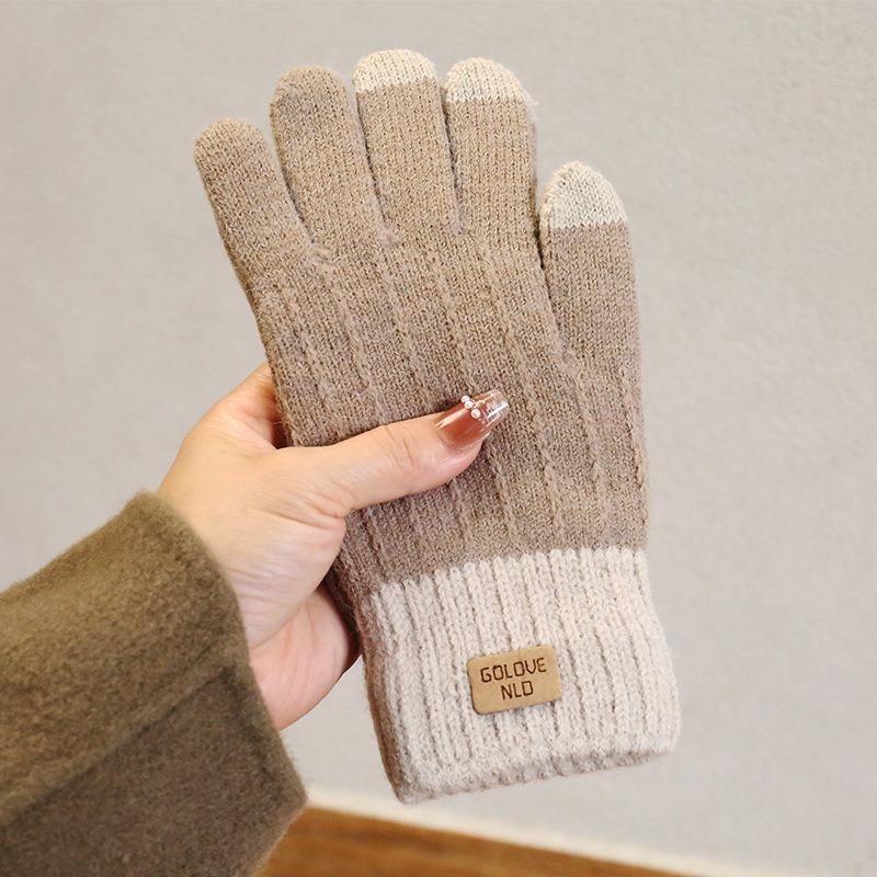Camel Wool Knitted Gloves Women's Autumn and Winter Warm Outdoor Antifreeze Full Finger Gloves Piled and Thickened