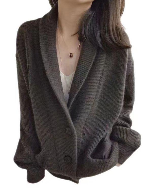 Women's High-End V-Neck Wool Cardigan - Thick, Loose, Trendy Sweater Coat for Autumn/Winter Fashion