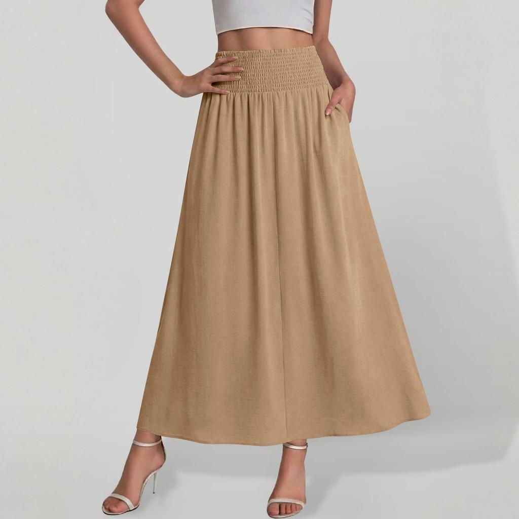 Women High Waist Loose A Line Maxi Skirt with Pockets Casual Solid Flared Elastic Waistband Long Skirt for Daily Wear