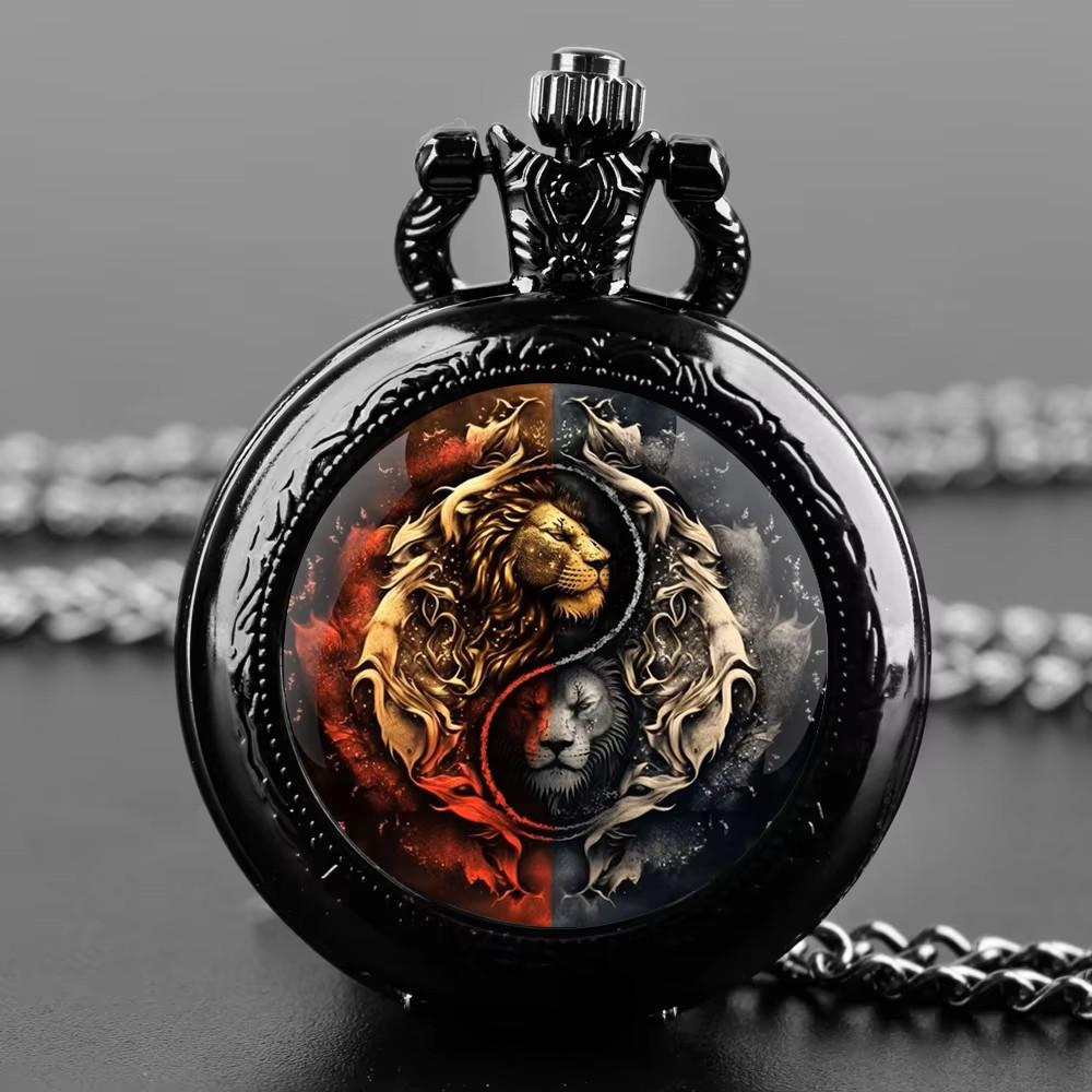 Vintage Retro Løve Leo Zodiak Astrologi Kinesisk Yinyang Kvarts Unisex Menn Kvinner Lommeur Kvarts Halskjede Anheng Klokke Kjede Klassisk Skive