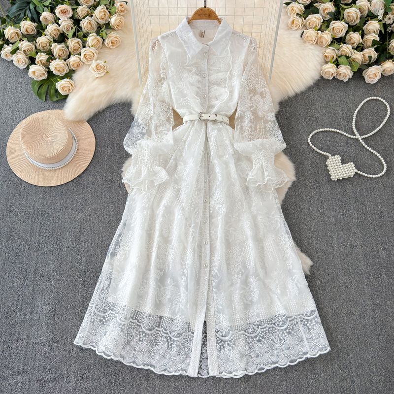 Waist Trimming below the Knees Long Sleeves Elegant Graceful Lace First Love Skirt