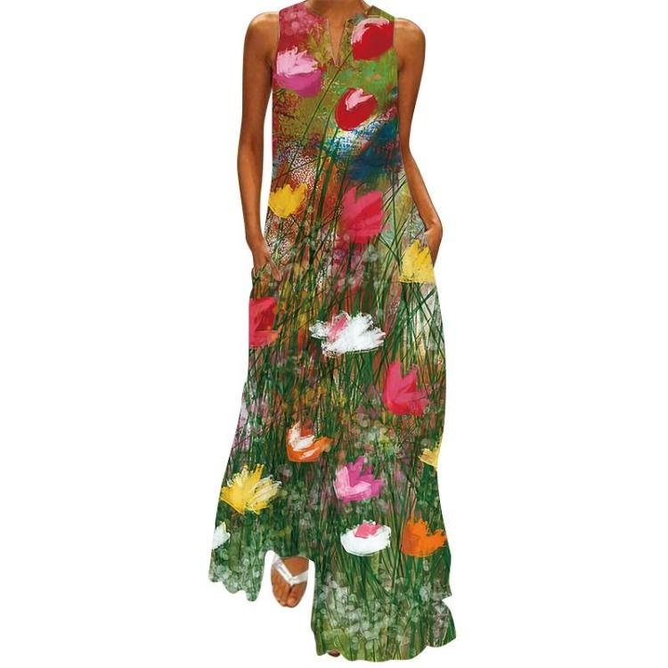 2026 Summer Fashion Retro Multicolor V Neck Sleeveless Maxi Dress