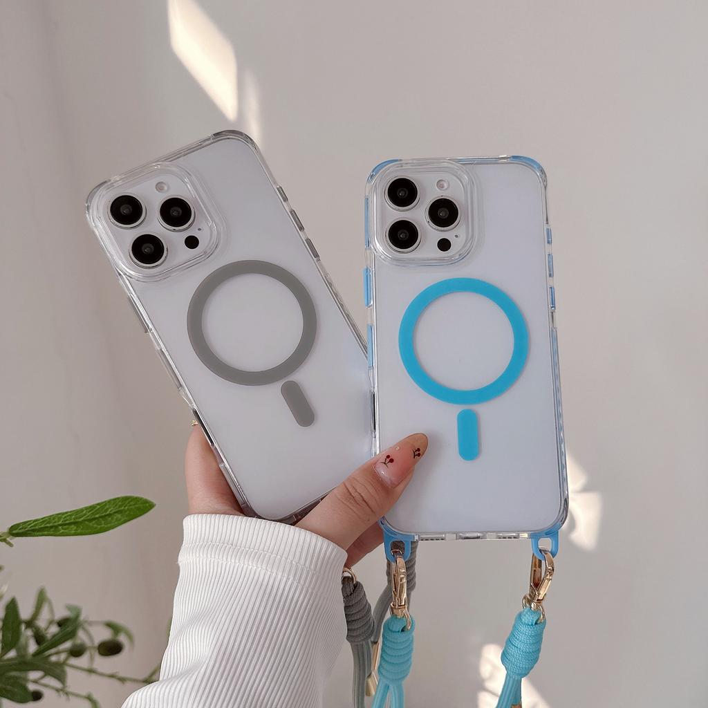 For Apple 16 ProMax Color Contrasting Anti Slip Edge Case for IPhone 15 Strong Magnetic 14 Hanging Rope Phone Case
