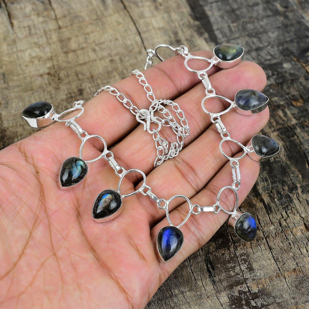 Flashy Labradorite Silver Necklace, Blue Color Necklace, Gemstone Necklace, 925 Sterling Silver Jewelry, 925 Silver Crystal Dainty Necklace For Her