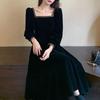 Hepburn style velvet dress women's early autumn new French high-end temperament long-sleeved black skirt