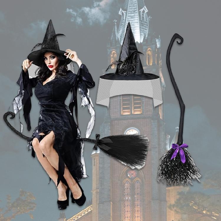 Halloween Witch Cosplay Set Witch Broomstick Witch Hats Pointed Witch Hats Flying Broomstick for Theme Party