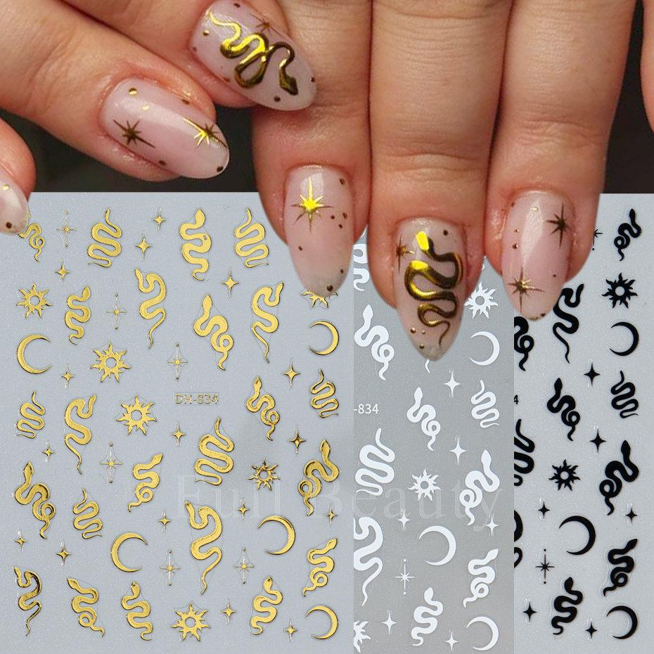 Nail Art Sticker, Little Spirit Snake, Moon, Mango, Gold And Silver, Black And White Snake Cartoon Nail Sticker.