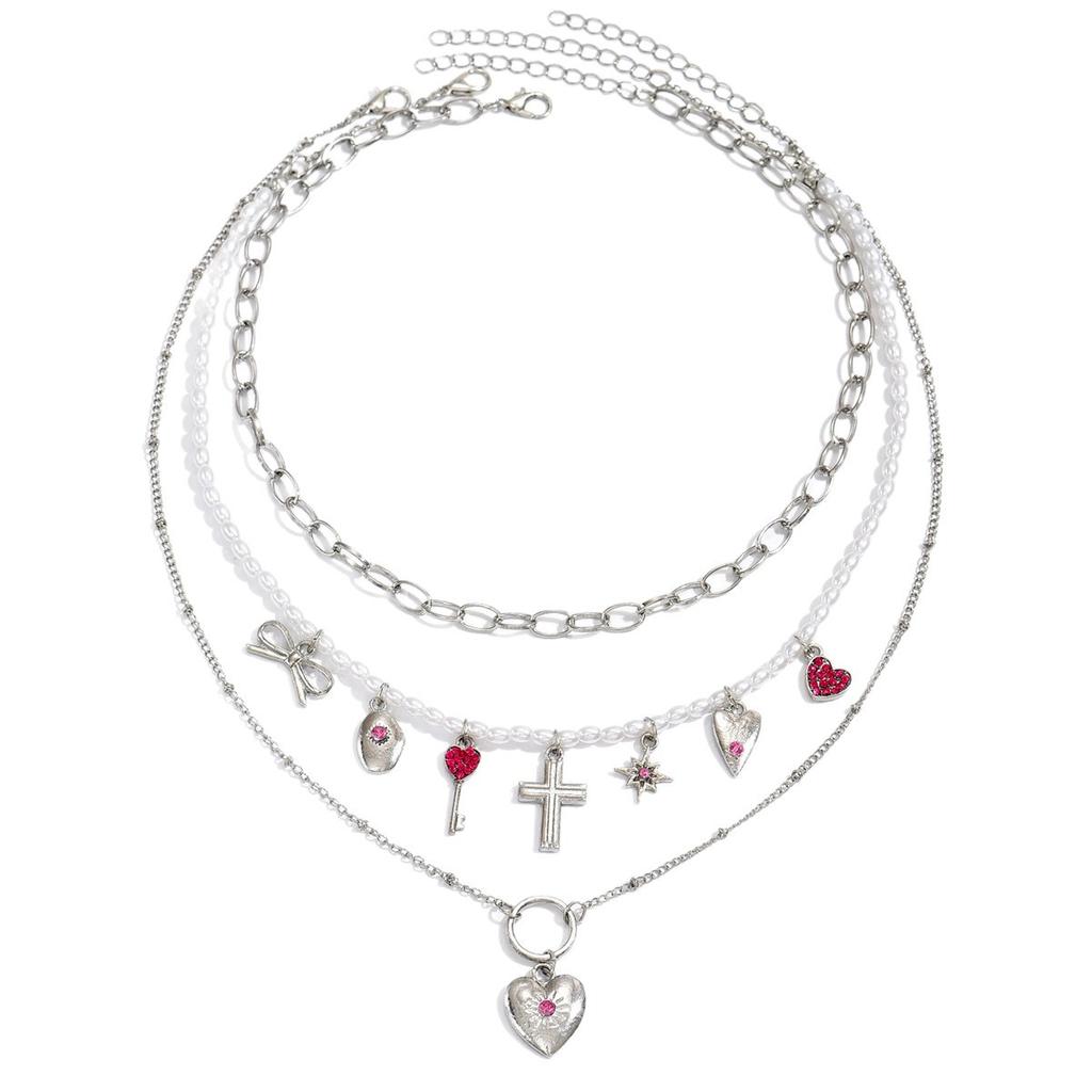 Imitation Pearl Bow Love Necklace European and American Fashion Sweet and Cool Spice Girl Style Cross Pendant Accessories