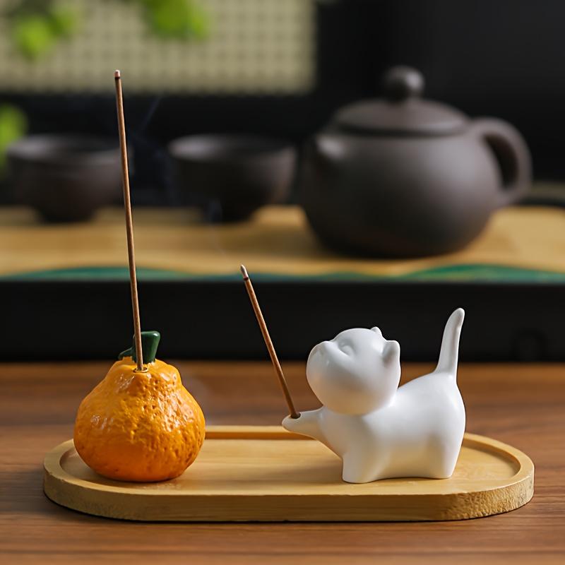 Cute White Cat & Orange Ceramic Tabletop Incense Holder with Matching Cat-Shaped Holder Home Decorative Incense Sticks