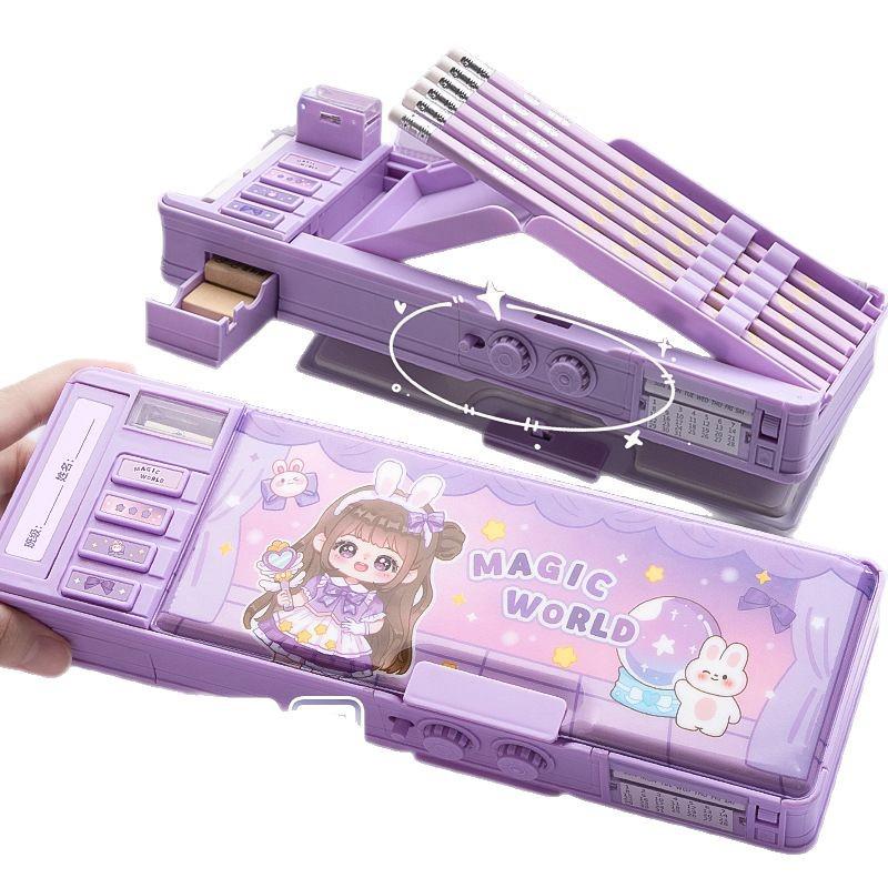 Kaba Bear Double Layer Cute Cartoon Pencil Case with Password Lock - Large Capacity for Students