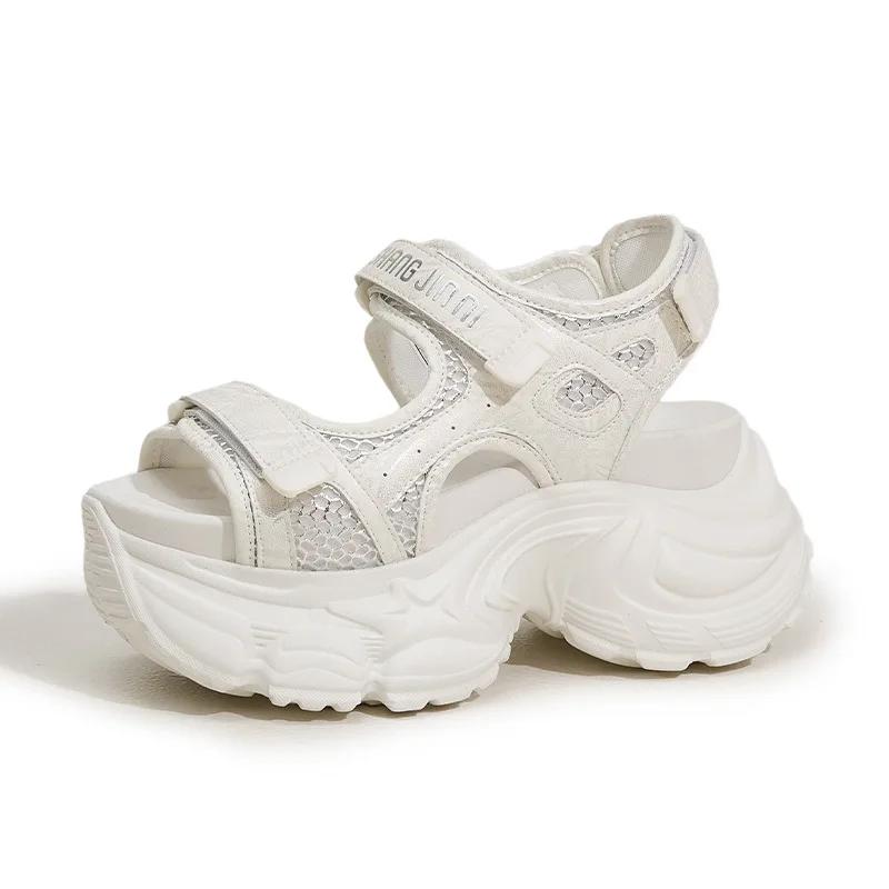 Fashion 9CM Summer Synthetic Microfiber Leather Hollow Vulcanize Peep Toe Hook Platform Wedge Women Sandals Flats Chunky Sneakers Shoes