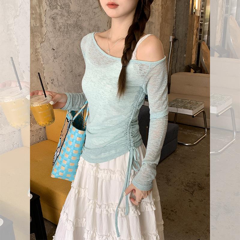 Slant collar one-word off-shoulder thin micro-transparent sunscreen blouse long-sleeved t-shirt women's summer new pleated waist top