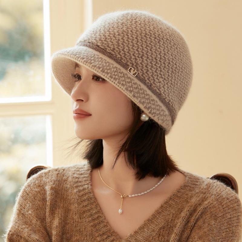 Rabbit wool knitted bucket hat temperament fleece basin hat middle elderly mother elegant warm wool hat