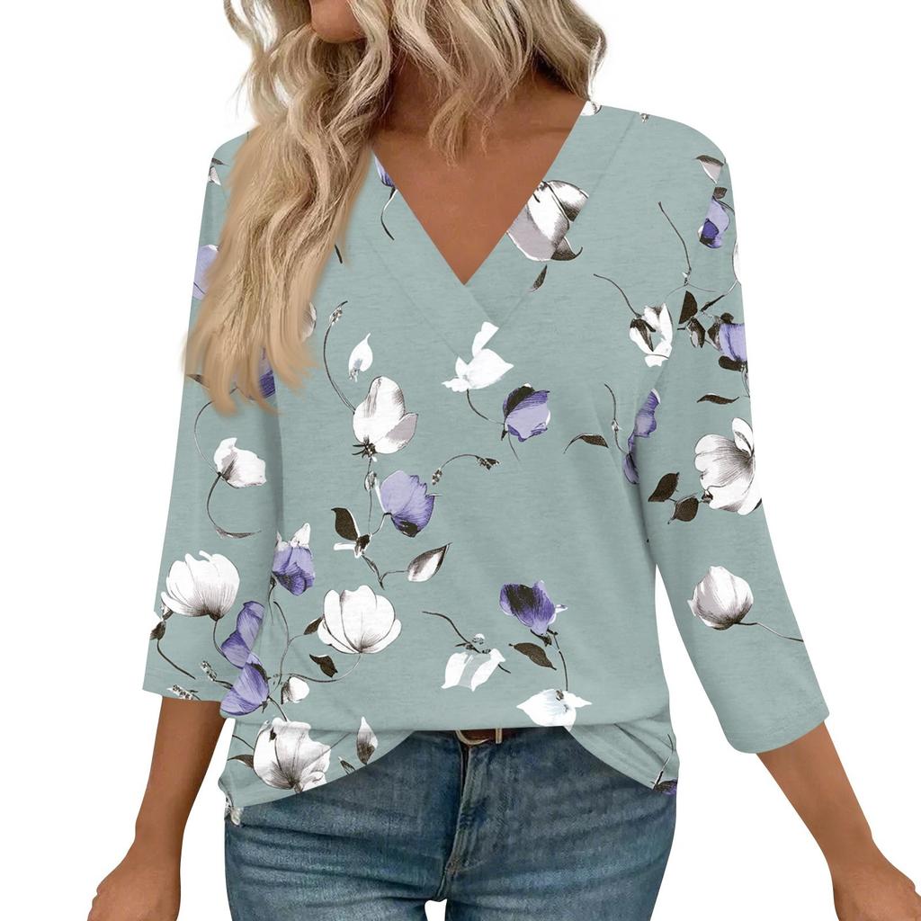 3/4 Length Sleeve Womens Tops V Neck Casual Tunic Tops Basic Shirts Loose Fit Blouse