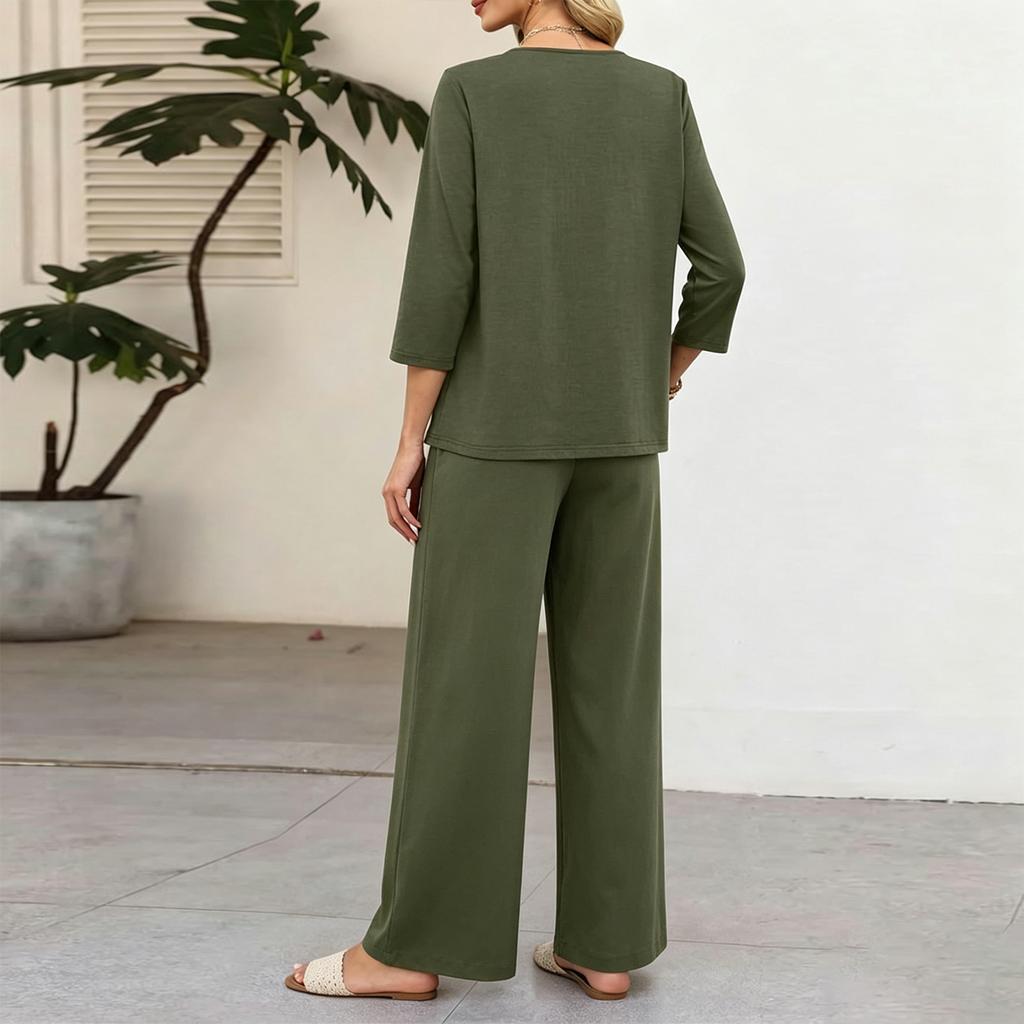 Women’s Casual Two Piece Outfit Seven Sleeve Button Top and Wide Leg Pants Set for Everyday Comfort and Relaxed Style