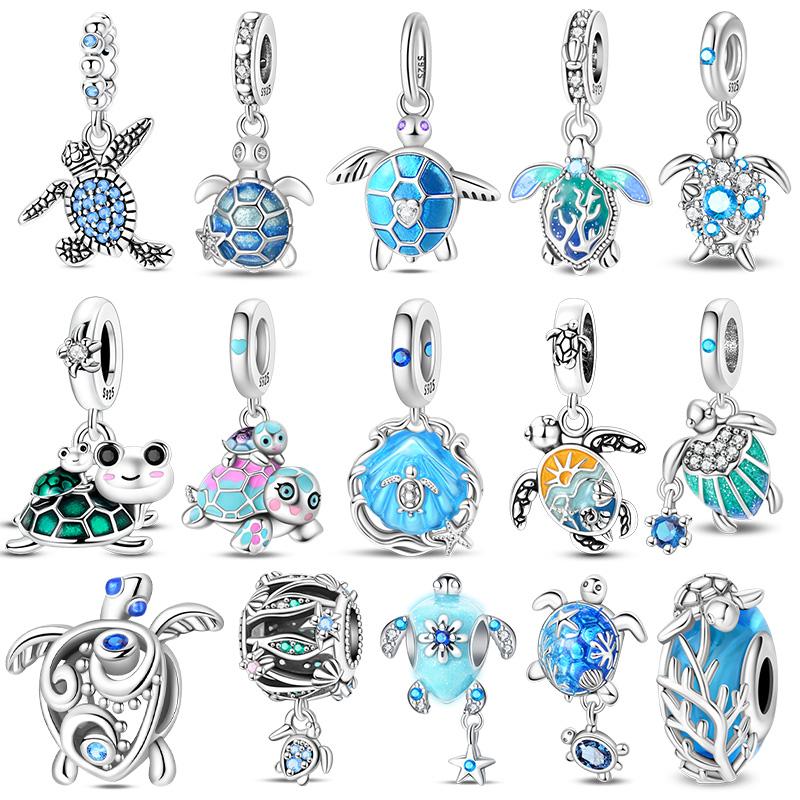 New 925 Silver Blue Ocean Beach Turtle Charms Pendants For Women Fit Bracelet DIY Vacation Party Jewelry Gifts