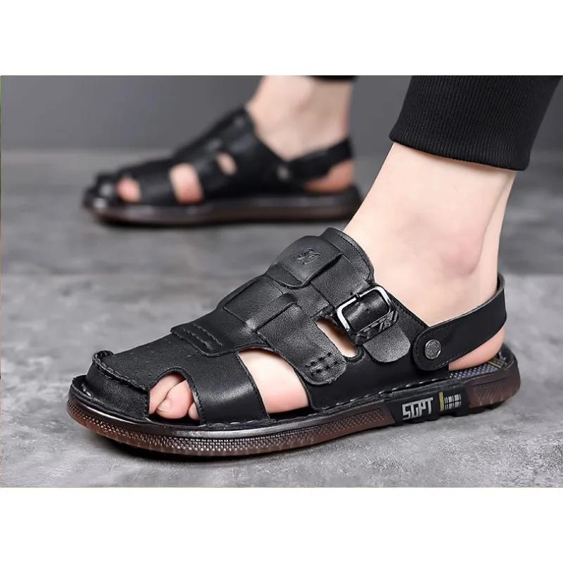 Fashion Summer Luxury Genuine Leather Sandals for Men Platform Hollow Out Beach Men's Sandals Designer Casual Fashion Slippers Shoes Men