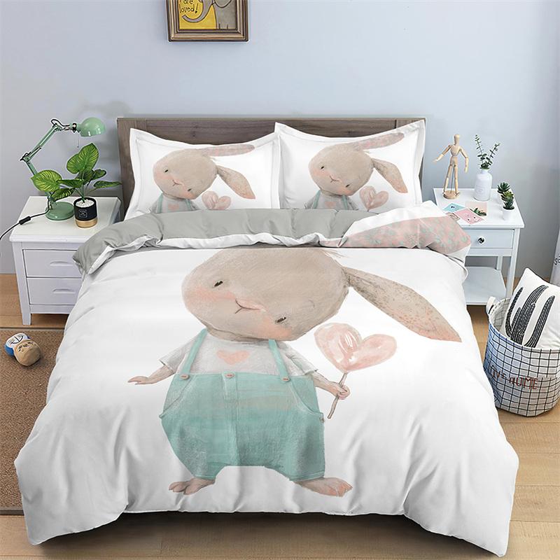 Cartoon Rabbit Bedding Set For Boys Girl Teen Botanical Plant Duvet Cover Microfiber Kawaii Bunny Comforter Cover Bedroom Decor
