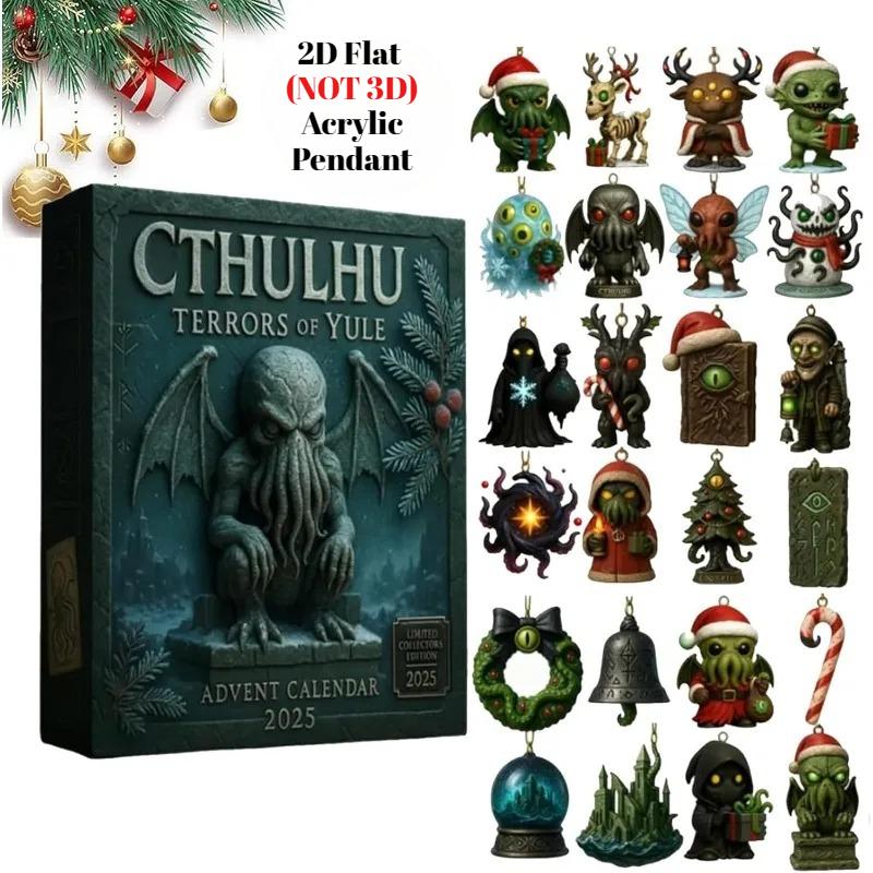 Cthulhu:Terrors of Yule  Advent Calendar 2025, 2D Flat Acrylic 24 Hanging Cthulhu Monsters Ornament, Gothic Advent Calendar for Monster Fans