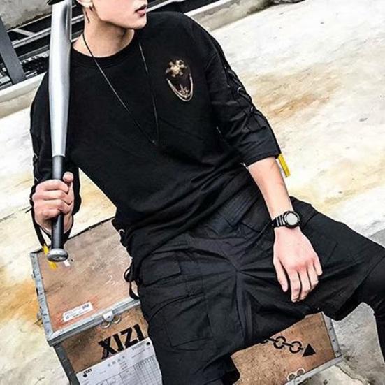 Letní Pánské tričko Šněrování Polorukáv Volný Hip Hop Streetwear O Krk Měkký Prodyšný Jednobarevný Pulovr Středně délka Ležérní Denní Top