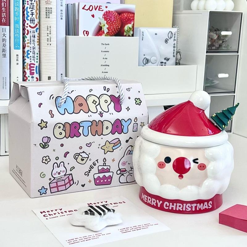 Christmas Gift for Girls Santa Claus Ceramic Mug Creative Cute Mug with Lid Souvenir Gift Box