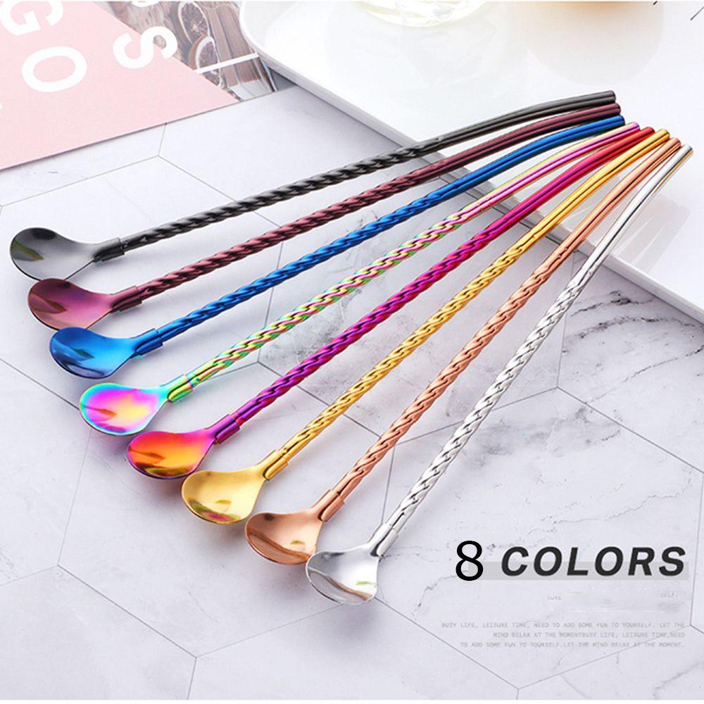 New Bar Tea Reusable Bent Filter Straws Spoon Coffee Spoons Stainless Steel Drinking Straw