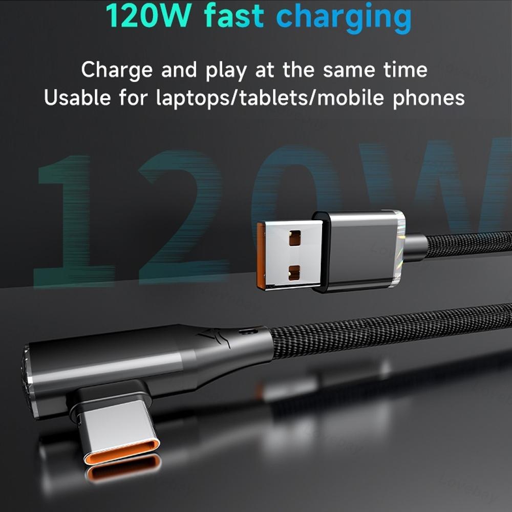 120W USB Type C Cable Super Fast Charging 180° USB C To C USB Cable Quick Charge For Iphone 15 Huawei Samsung Game Data Cable 2M