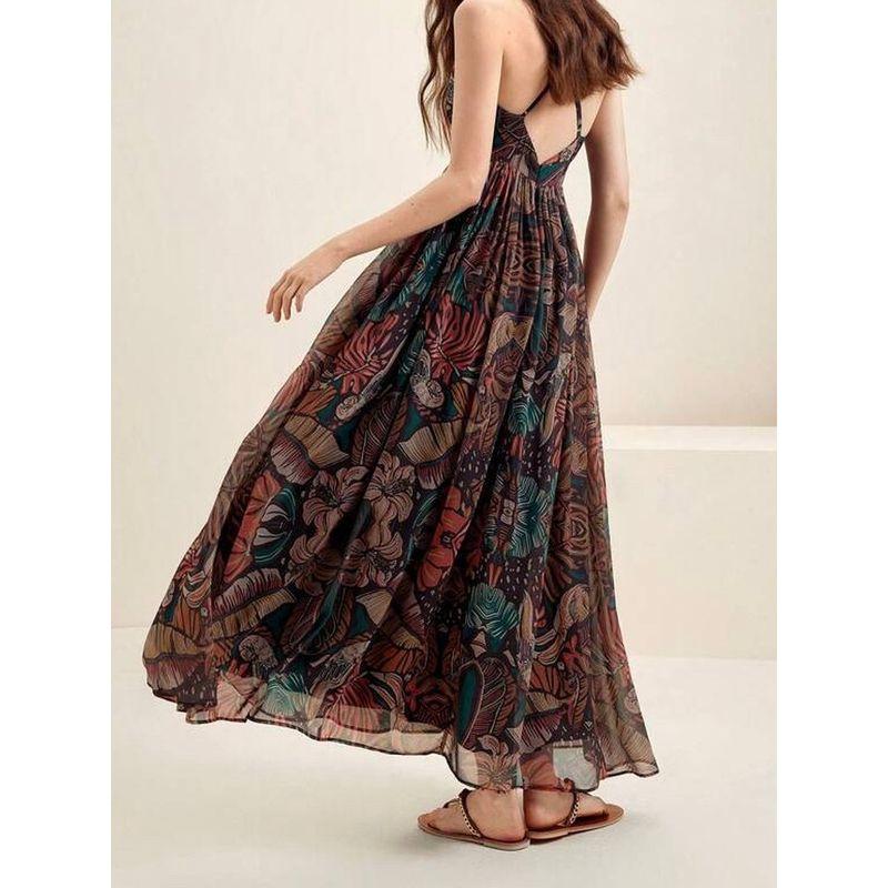 Foreign Trade Order Lu's Exquisite Chiffon Swing Skirt Waist-Slimming Slimming Dress Sling V-neck Formal Dress Print Long Dress