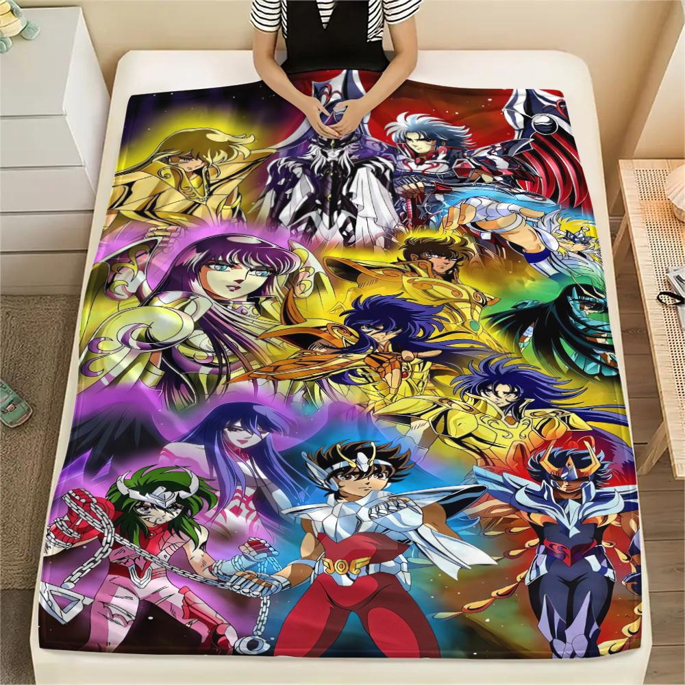 1Pc Saint Seiya Print Flannel Blanket, High quality Comfortable for All Seasons, Home Decor, Warmth and Comfort, Perfect for Christmas Gifts
