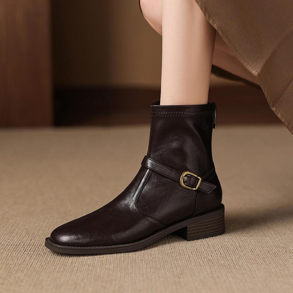 Krazing Pot Microfiber Winter Round Toe Western Boots Med Heels Zipper Women Metal Buckle British School Ankle Boots