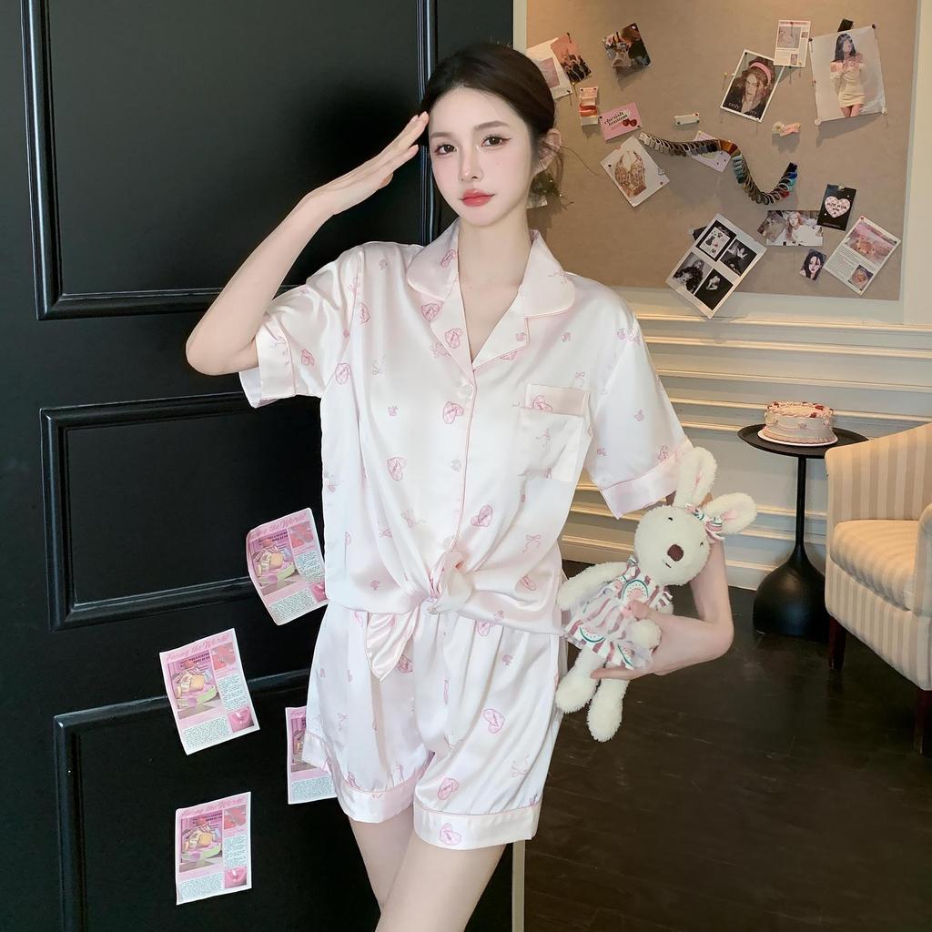 Short-sleeved shorts, summer loungewear set, simulated silk, cool pajamas can be worn outside, simple large-size ice silk pajamas