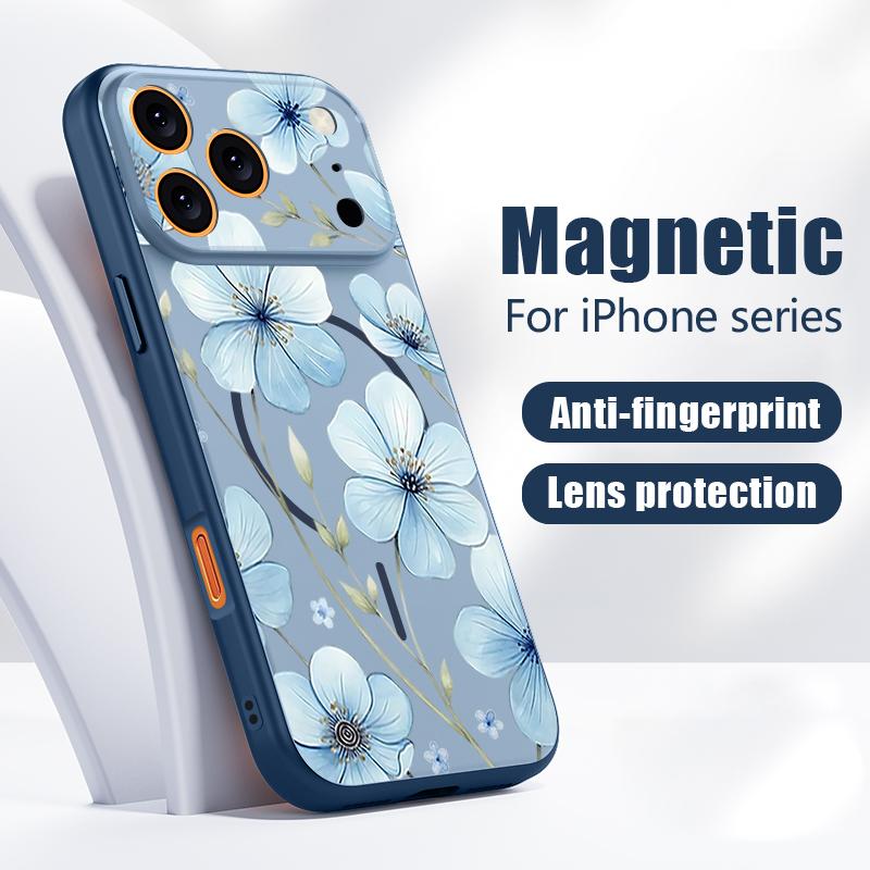 Lovely Sky-blue Flowers Pattern Case For iPhone 17 Pro Max Magnetic For Magsafe Skin Feeling Cover For iPhone 16 15 14 13 Pro Max