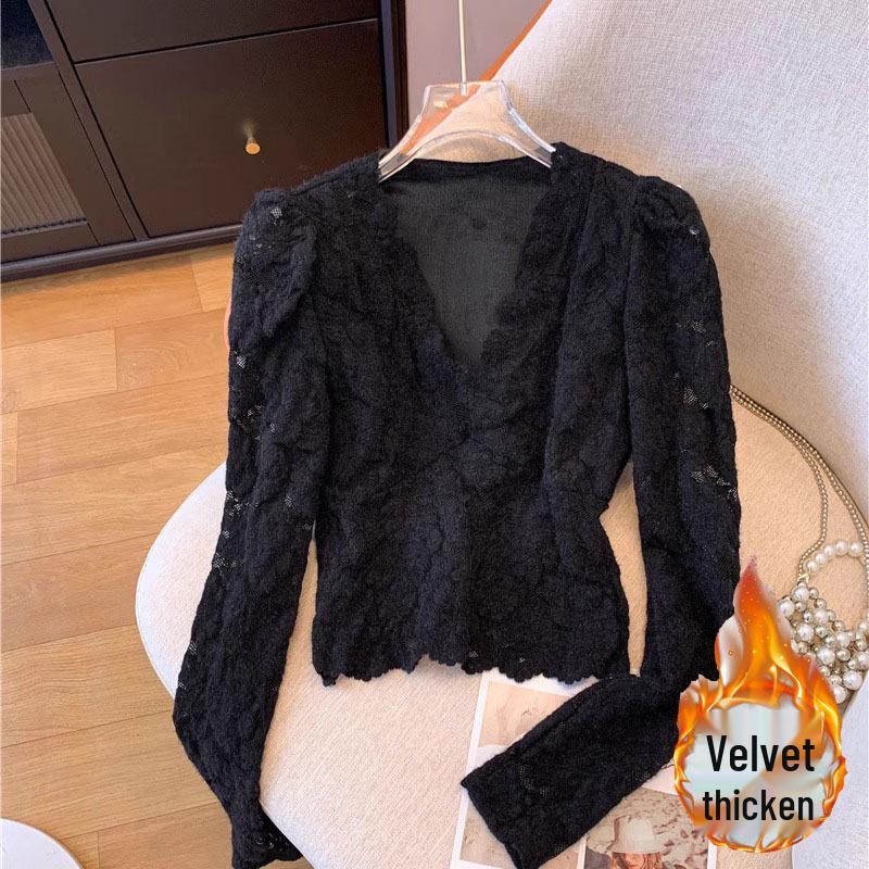 Women's Fluffy Lace Puff Sleeve V-Neck Top - Slimming Autumn/Winter Style