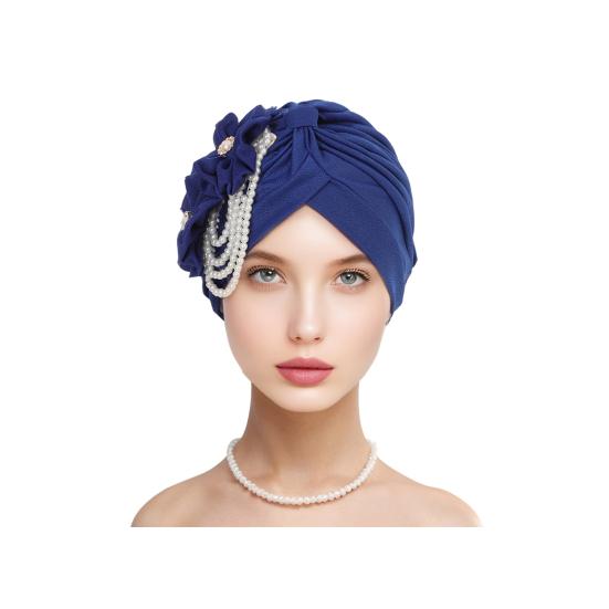 Women Headscarf Hat Imitation Pearls Flower Decor Turban Hat Solid Color Stretchable Fit Headband Sleep Hat