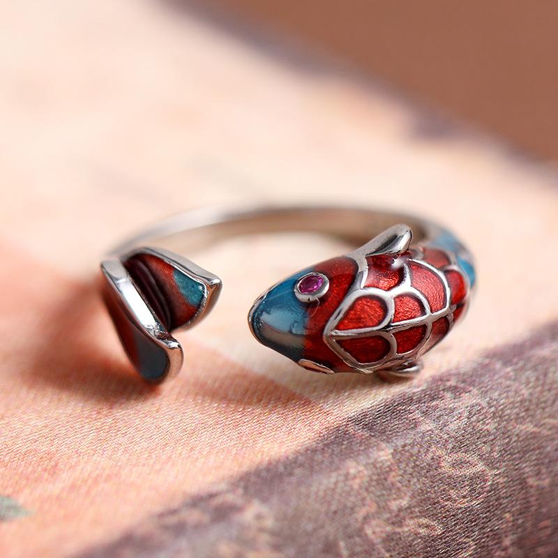 [Enter brocade] Retro medium enamel open silver ring men's and women's cloisonne simple temperament antique index finger ring