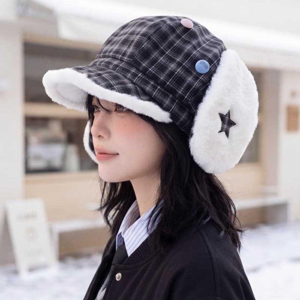 Sweet Winter Fleece Lined Hat Earflap Windproof Newsboy Cap Cute Plaid Octagonal Hat For Women