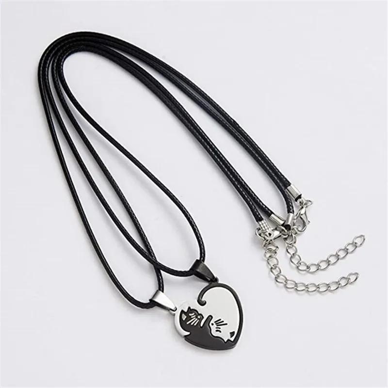 Couple Heart Necklace Cute Cartoon Cat Pendant Necklace Simple Color Black Animal Necklace Jewelry Gift For Girl Boys