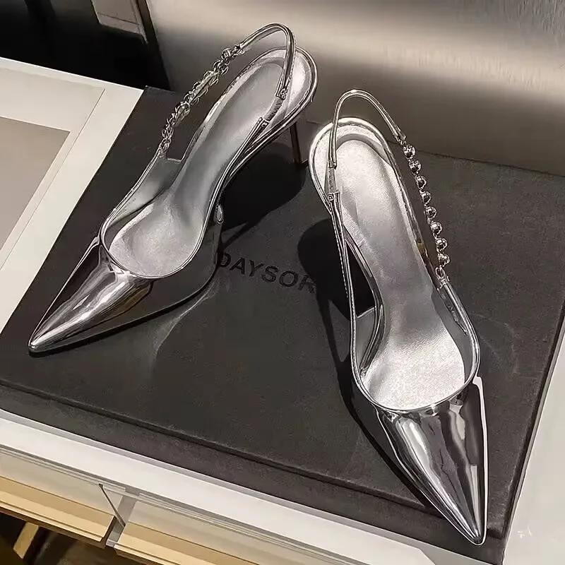 Shiny High Heels Slingback Women Pumps Metallic Crystal Sandals Pointy Toe Stiletto Heeled Shoes Silver Party Dress Shoes Woman