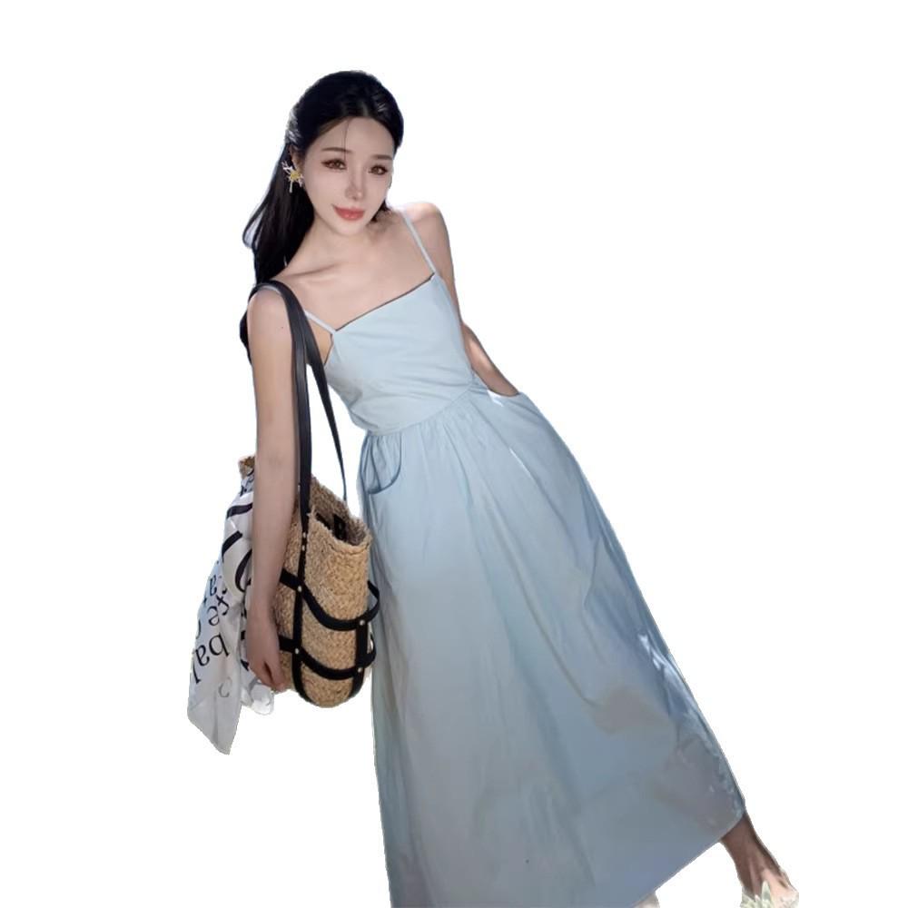Blue Backless Spaghetti Strap Maxi Dress for Women - French Style A-line Beachwear